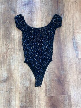 Nasty Gal Black Floral Off-Shoulder Bodysuit with Blue & Yellow Blooms